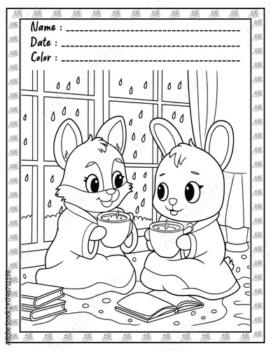 Fluffy Friends Coloring Page & Book for Adults and Kid. High resolution (300 DPI), Ready to print on standard 8.5x11-(A4) inch paper With (No Bleed), Black and White. Vector illustration