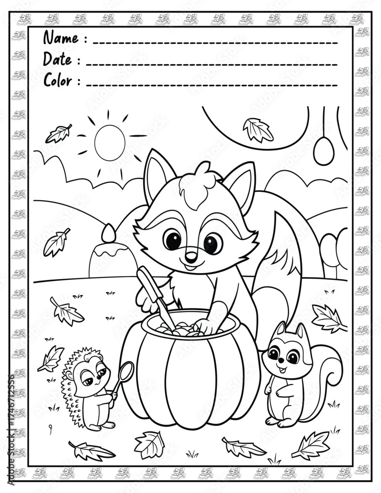 Fototapeta premium Fluffy Friends Coloring Page & Book for Adults and Kid. High resolution (300 DPI), Ready to print on standard 8.5x11-(A4) inch paper With (No Bleed), Black and White. Vector illustration