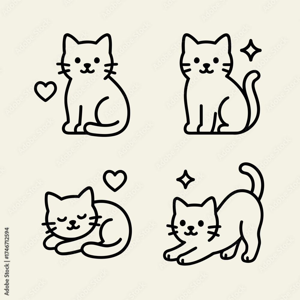 Fototapeta premium Minimal Cat Icon Set — Clean Line Art Cats with Hearts and Stars Monochrome Vector Design