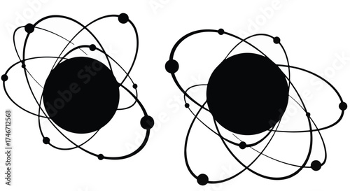 Abstract atomic structures orbiting a dark core, representing science and discovery.