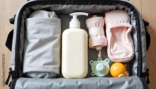 Top-down view of baby lotion bottle with pump inside diaper bag  