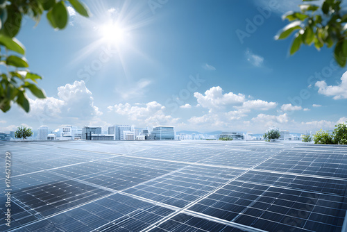Solar Panel Cityscape: An inspiring shot of a cityscape with solar panels, symbolizing clean energy and a sustainable future, under a bright, clear blue sky and lush greenery.