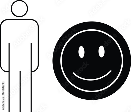 Simple line drawing of a human figure standing next to a black smiley face icon representing happiness and positive emotion