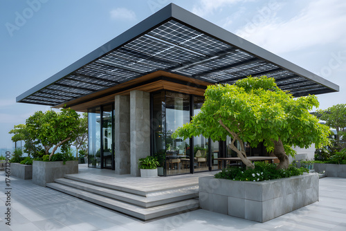 Modern Architecture with Sky and Nature: A modern architectural structure seamlessly blends with the natural environment, featuring a sleek, minimalist design, glass windows, and surrounding greenery.