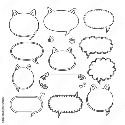 Collection of hand drawn doodle speech bubbles and thought bubbles with cute animal faces and decorative elements
