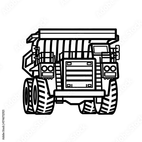 Heavy duty mining dump truck front view line art illustration.