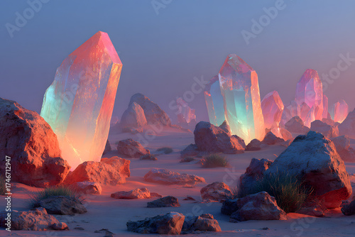 Enchanting Crystal Oasis: Glimmering crystals rise from a desert landscape, bathed in ethereal light, creating a scene of mystery and wonder.