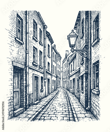 A quiet narrow European street with old buildings and lanterns lining the cobblestone path.