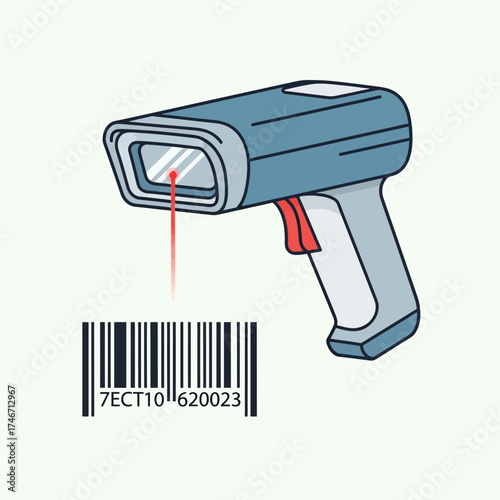 A handheld barcode scanner emitting a red laser to read a linear barcode for product identification.