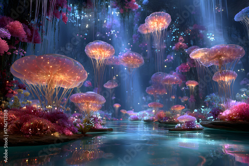 Underwater Fantasy: A mesmerizing underwater scene illuminated by bioluminescent jellyfish, creating a magical, dreamlike atmosphere with vibrant colors and ethereal glow.