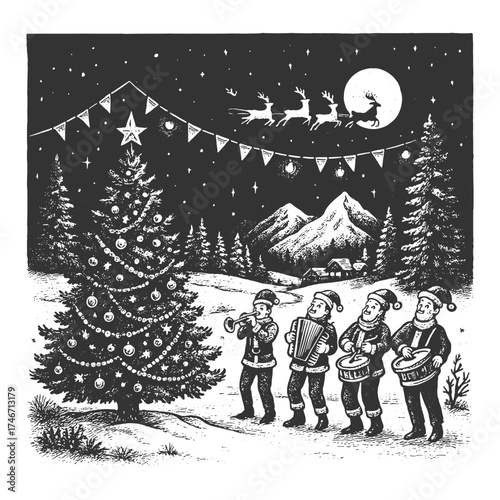 A joyful Christmas night in the mountains with people singing carols around a decorated pine tree.