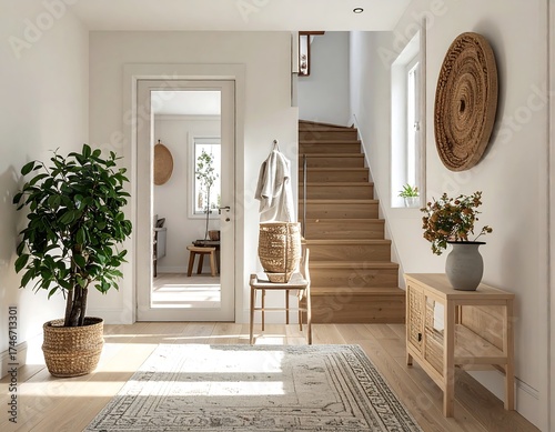 An inviting, sunlit entryway featuring wooden floors, a staircase, and minimalist decor. A large potted plant and decorative pieces enhance the space's warmth and welcoming atmosphere