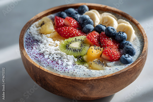 Colorful fresh fruits artfully arranged in rustic wooden bowls. A healthy treat.