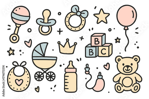 Cute Baby Toy Icons. Baby toys doodle icon set: hand drawn icons of rattle, pacifier, teething ring, blocks, crown, star, balloon,