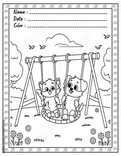 Fluffy Friends Coloring Page & Book for Adults and Kid. High resolution (300 DPI), Ready to print on standard 8.5x11-(A4) inch paper With (No Bleed), Black and White. Vector illustration