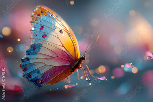 
A stunning butterfly, showcasing vibrant hues, gracefully perches amidst a dreamy backdrop of soft bokeh. Its delicate wings, a symphony of colors.
