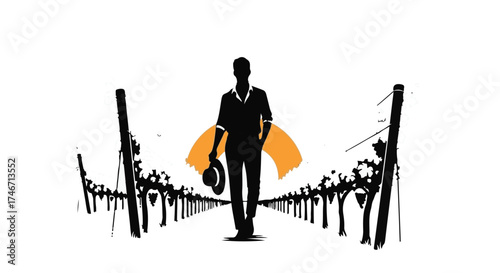 Man walks through vineyard at sunset, holding hat, embracing nature's bounty