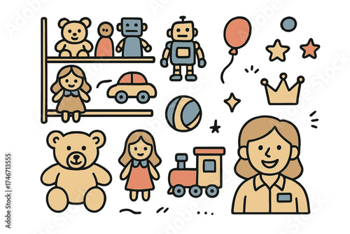 Toy Shop Doodle Icons. Toy shop doodle icon set: hand drawn icons of shelves, teddy bear, doll, car, ball, crown, star, balloon,