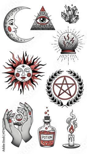 Mystical symbols and charms, all seeing eye, potion bottle and crystal ball for fortune telling