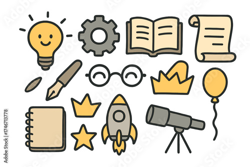 Invention Doodle Set. Invention doodle icon set: hand drawn icons of light bulb with smile, gear, book, scroll, pen, glasses,