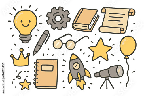 Invention Doodle Set. Invention doodle icon set: hand drawn icons of light bulb with smile, gear, book, scroll, pen, glasses,