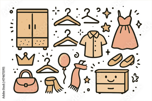 Charming Wardrobe Doodle Icons. Wardrobe doodle icon set: hand drawn icons of closet, hangers, shirt, dress, shoes, crown, star,