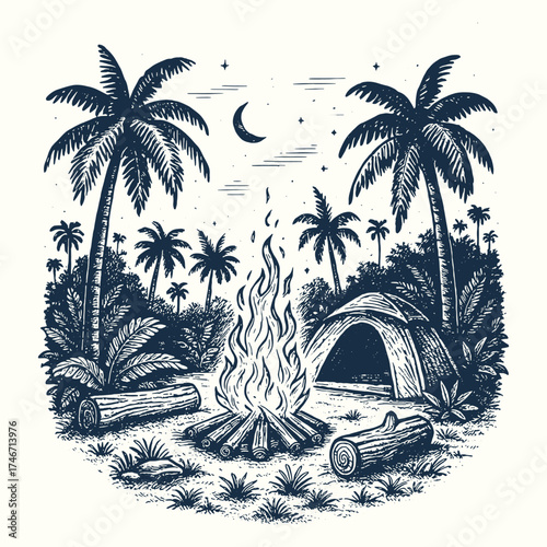 Tropical beach campsite with palm trees and campfire under a calm night sky.