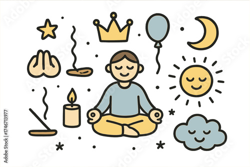 Meditation Icon Set. Meditation doodle icon set: hand drawn icons of person meditating, lotus pose, incense, candle, crown, star,
