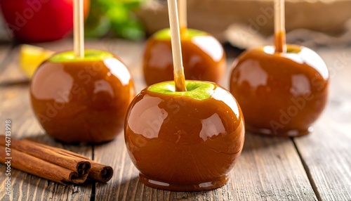 Close-up captures four green apples coated in glossy caramel, impaled on wooden sticks, on a weathered wooden surface, accompanied by cinnamon sticks
