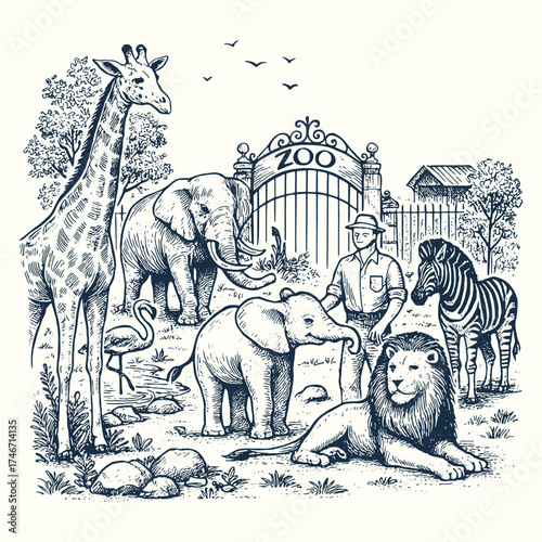 A cheerful zoo entrance with various animals including a lion, giraffe, elephant, and zebra posing together.