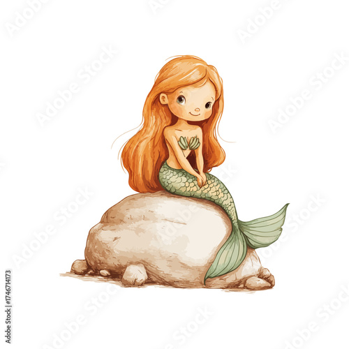 mermaid sitting on the rock hand drawn illustration