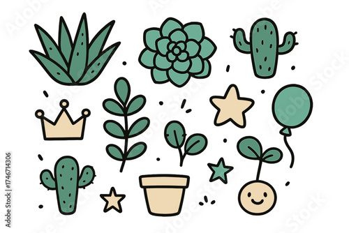 Succulent Doodle Icons. Succulent doodle icon set: hand drawn icons of aloe, echeveria, cactus, jade plant, crown, star, balloon,