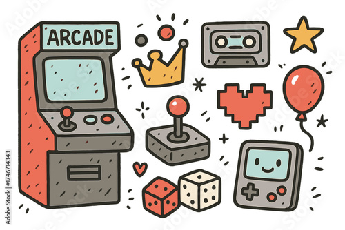 Retro Gaming Icons. Retro gaming doodle icon set: hand drawn icons of arcade machine, joystick, cassette, screen, crown, star,