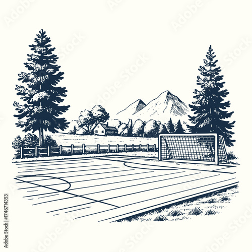 A soccer field surrounded by pine trees with mountains in the background under a bright sky.