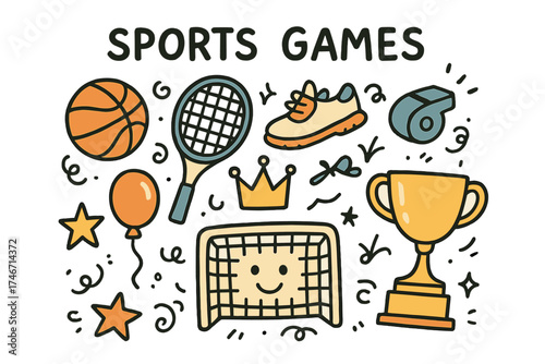 Sports Doodle Icons. Sports games doodle icon set: hand drawn icons of ball, racket, shoes, crown, star, balloon, whistle, trophy,