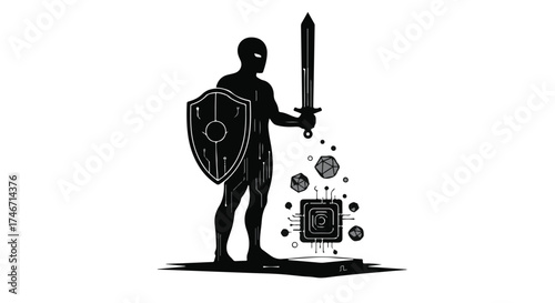 Futuristic warrior holding sword and shield, representing digital defense and innovation