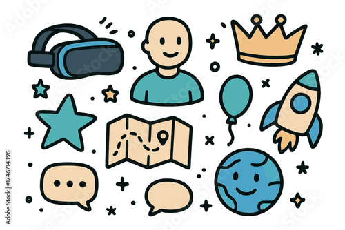 Virtual World Icons. Virtual world doodle icon set: hand drawn icons of VR headset, avatar, crown, star, balloon, map, rocket,