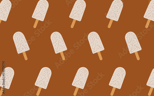 Seamless repeating pattern of creamy white ice pops on warm brown background