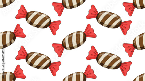 Seamless pattern of delicious chocolate candies with red bows repeating background for sweet treats