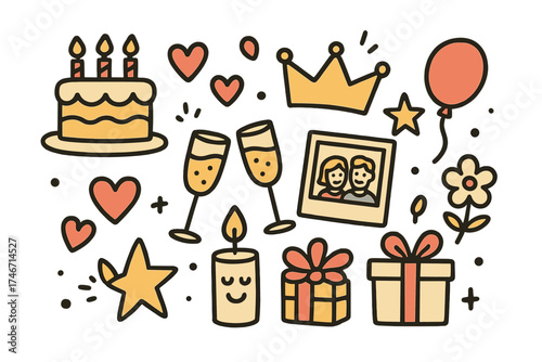 Anniversary Icon Set. Anniversary doodle icon set: hand drawn icons of cake, champagne, hearts, photo frame, crown, star, balloon,