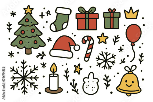 Festive Christmas Doodle Icons. Christmas doodle icon set: hand drawn icons of Christmas tree, stockings, gifts, Santa hat, candy