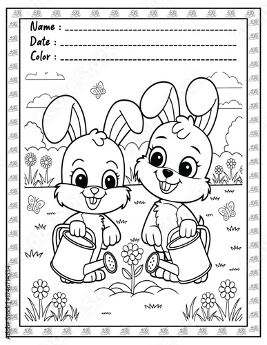 Fluffy Friends Coloring Page & Book for Adults and Kid. High resolution (300 DPI), Ready to print on standard 8.5x11-(A4) inch paper With (No Bleed), Black and White. Vector illustration