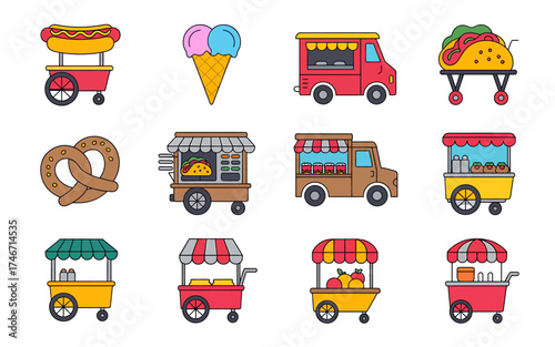 Vibrant cartoon food carts collection for delicious street food and festival fun