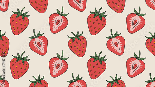 Seamless pattern design of fresh ripe red strawberries for a sweet and juicy background