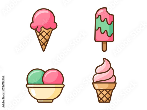 Four cute minimalist cartoon ice cream treats including cones and popsicles