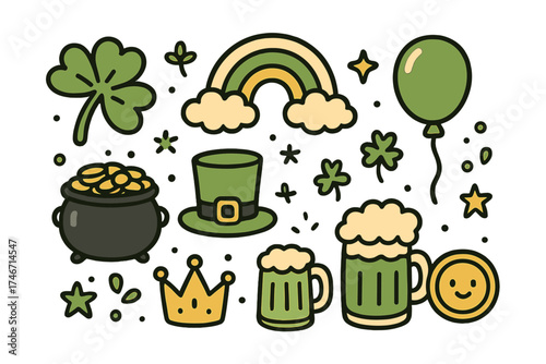 St. Patrick's Icons. St. Patrick’s Day doodle icon set: hand drawn icons of shamrock, leprechaun hat, rainbow, pot of gold, crown,