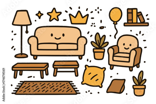 Friendly Living Room Doodles. Living room doodle icon set: hand drawn icons of sofa with smile, armchair, lamp, coffee table, rug,