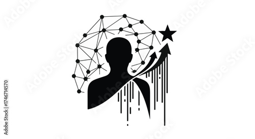 Abstract silhouette of a person with a network of connections and an upward trending arrow towards a star.
