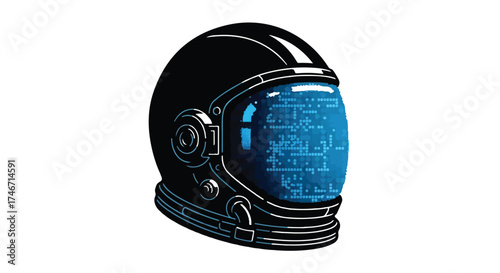 Futuristic astronaut helmet with glowing digital display on visor, representing space exploration and advanced technology.