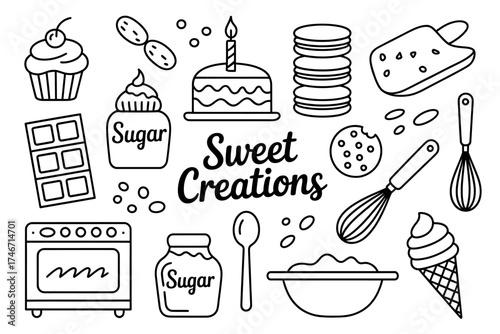 Whimsical baking and dessert elements collection for sweet creations art and design
